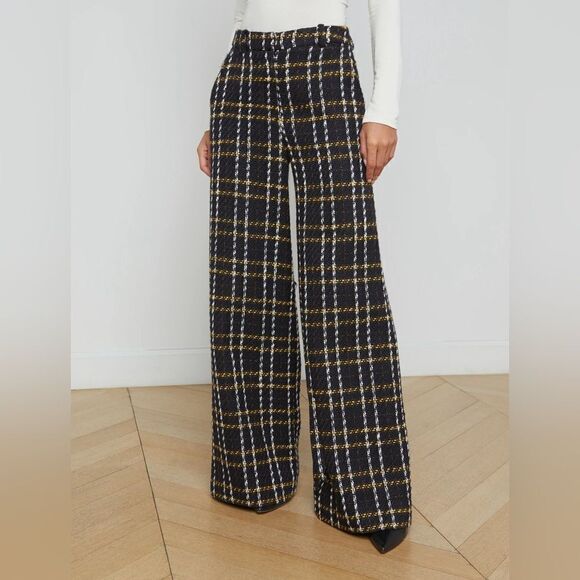 LAGENCE Pilar Wide Leg Satin Pant Plaid Tweed Print Trouser Size 2 - Picture 2 of 4